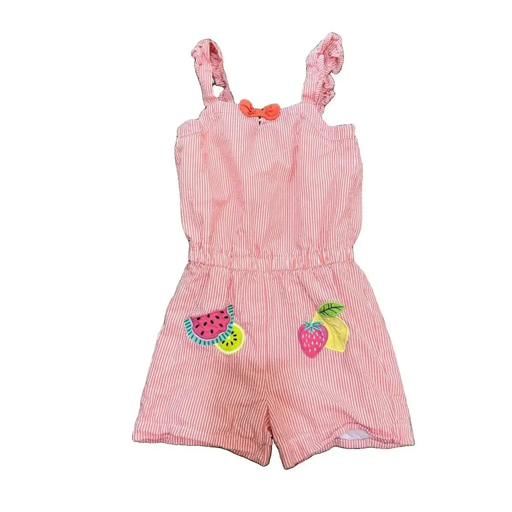 Gymboree Girls Pink/White Striped Seersucker Fruit Romper 5T Sleeveless